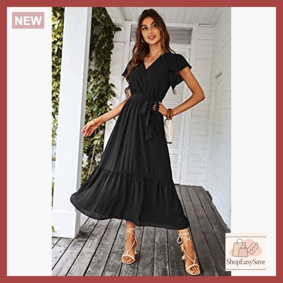 Floral Boho Maxi Dress Wrap V Neck Ruffle Long Flowy Summer Wedding Guest - Picture 5 of 7